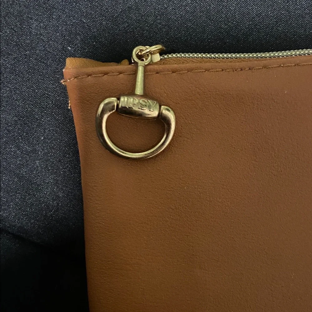 Ipsy Tan Cosmetic Bag with Pink and Orange Stripes - Picture 2 of 4